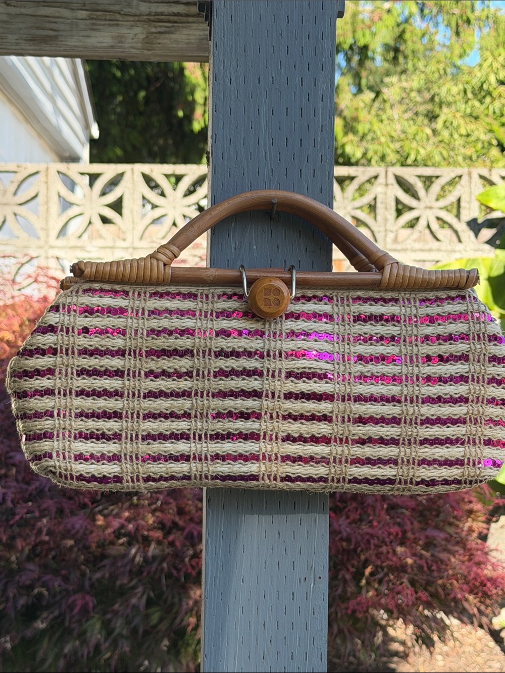 Vintage Kate Spade NY Selby Pink and Cream Wicker Napoli Clutch with Bamboo han